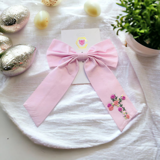 Floral Cross Hand Embroidered Bow | Pink