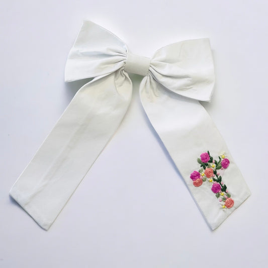 Floral Cross Hand Embroidered Bow | White